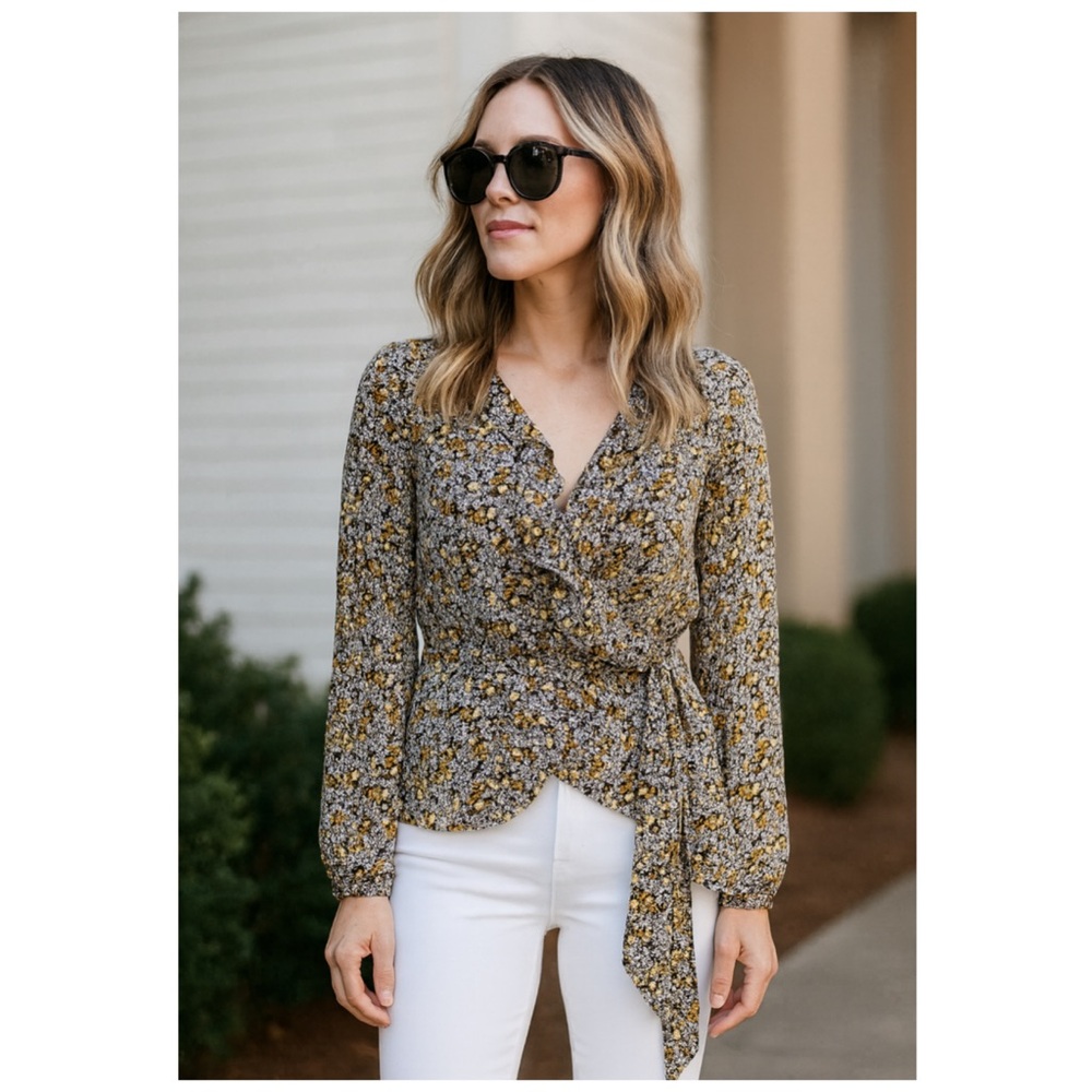 Max Studio Floral Ruffle Wrap Peplum Long Sleeve Top Small
